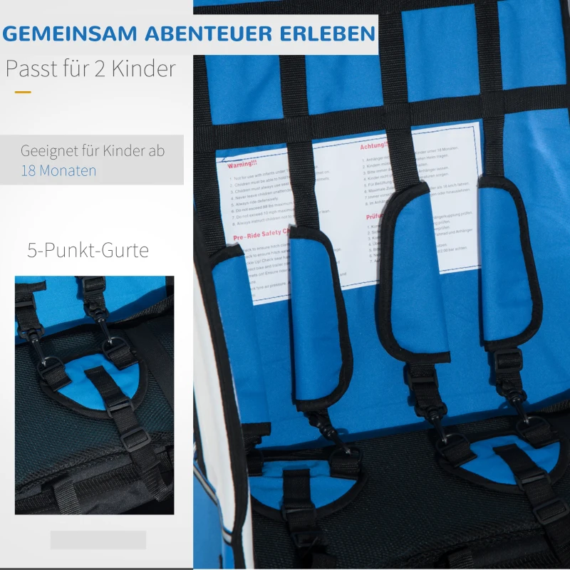 HOMCOM Kinderanhänger Fahrradanhänger mit Fahne Radanhänger für 2 Kinder Regenschutz atmungsaktiv einklappbar Oxfordgewebe Blau 155 x 88 x 108 cm