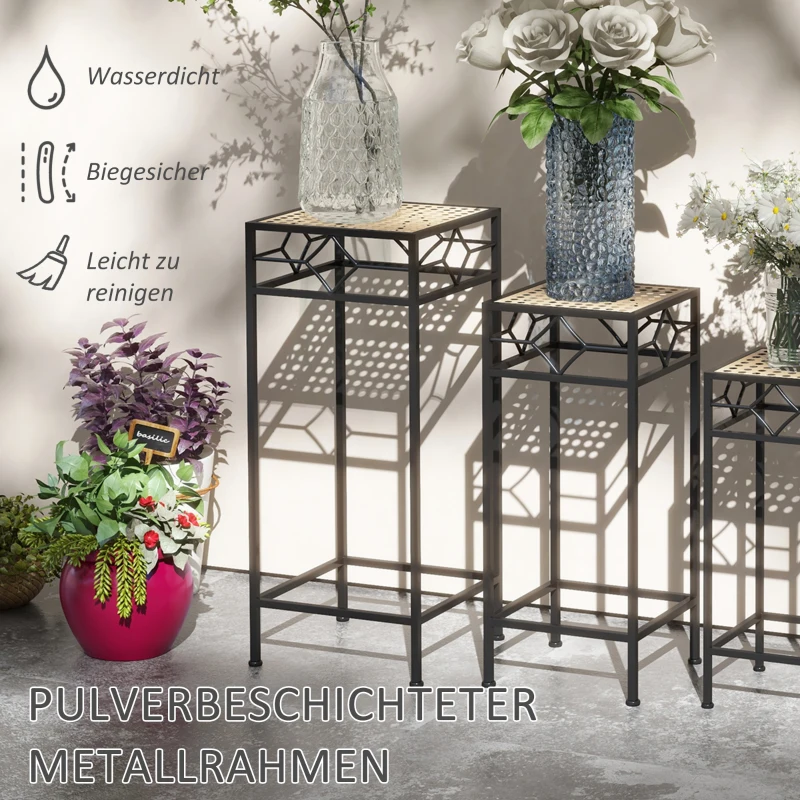 Outsunny Bloemenstandaard, set van 3, rond, stapelbaar, rotanlook, metalen poten, voor binnen en buiten, zwart/goud