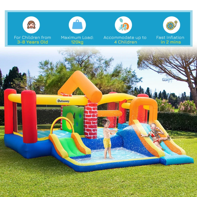 Outsunny 4 in 1 Kids Bouncy Castle Extra Large Double Slides & Trampoline Design Inflatable House Pool Climbing Wall with Blower Carrybag for Kids Age 3-8, 3.8 x 3.7 x 2.3m