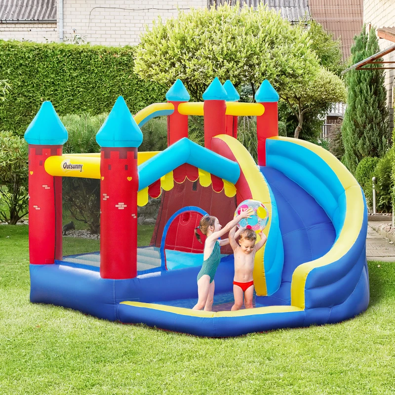 Outsunny Kids Bouncy Castle, with Slide, Pool, Trampoline, Climbing Wall, Blower
