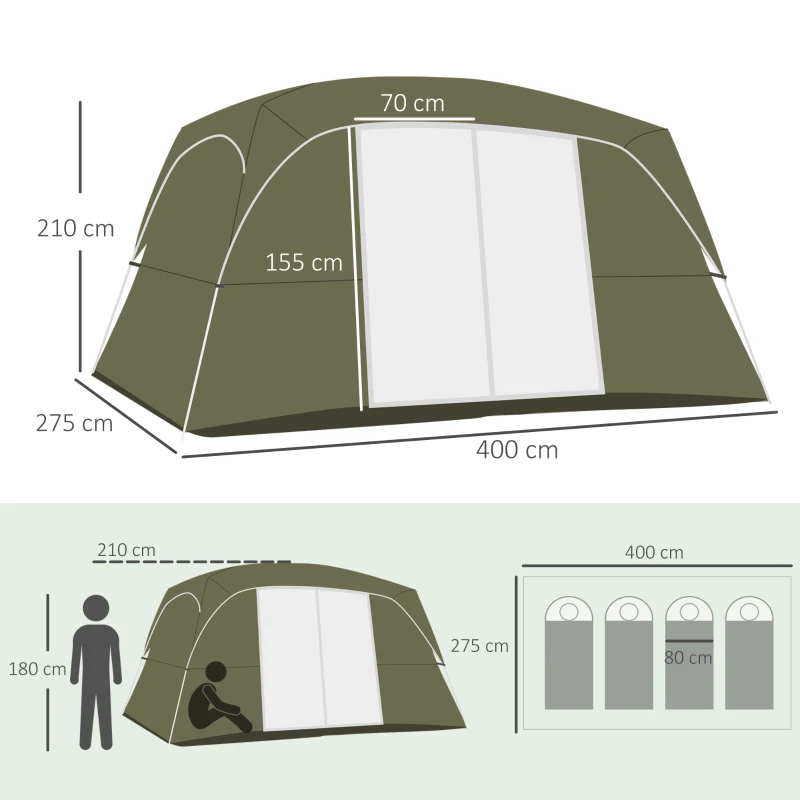 Outsunny Tenda de Campismo Familiar para 4-5 Pessoas com 2 Quartos 2 Bolsos e Janelas com Malha Impermeável 400x275x210 cm Verde