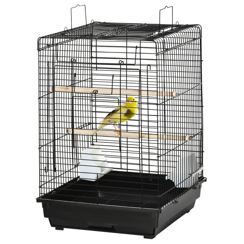 PawHut Gaiola para Pássaros com Teto Abatível 2 Poleiros 2 Comedouros e Bandeja Amovível para Canários Periquitos 40x40x59 cm Preto