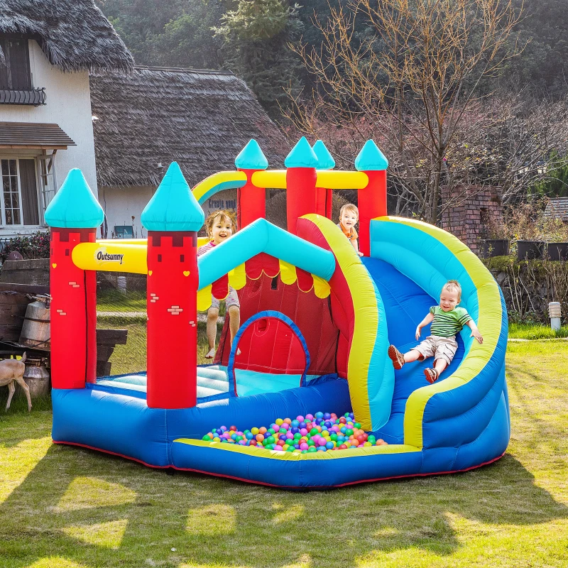 Outsunny Kids Bouncy Castle, with Slide, Pool, Trampoline, Climbing Wall, Blower