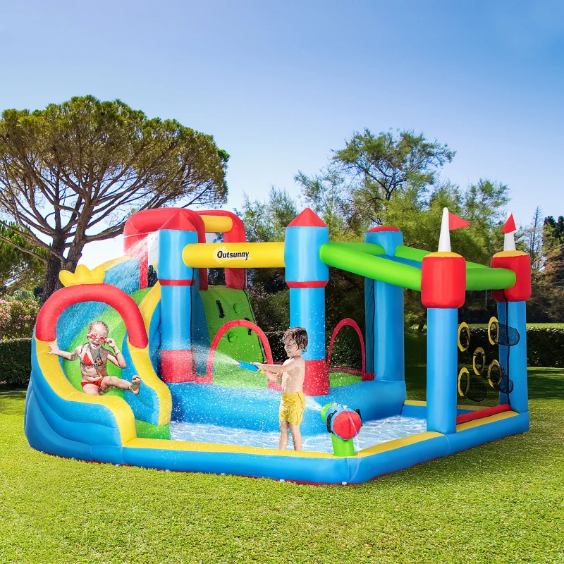 Outsunny Kids Inflatable Bouncy Castle Water Slide 6 in 1 Bounce House Jumping Castle Water Gun Climbing Wall with Air Blower for Age 3-8, 3.9 x 3 x 2m