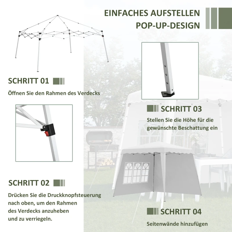 Outsunny Pawilon składany 2,4 x 2,4 m z boczną ścianą, regulowanym wysokościowo namiotem imprezowym z ochroną UV, namiotem składanym z torbą na ramię do ogrodu, balkonu, Oxford, stal, biały