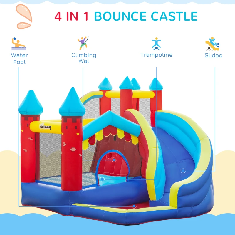 Outsunny Kids Bouncy Castle, with Slide, Pool, Trampoline, Climbing Wall, Blower