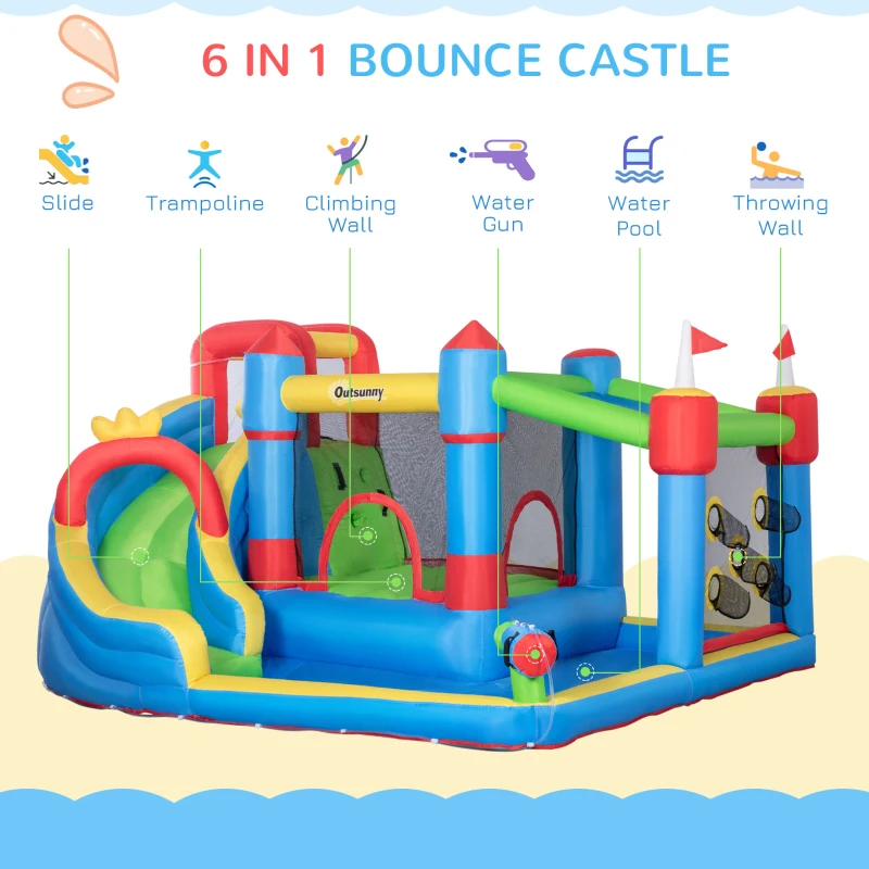 Outsunny Kids Inflatable Bouncy Castle Water Slide 6 in 1 Bounce House Jumping Castle Water Gun Climbing Wall with Air Blower for Age 3-8, 3.9 x 3 x 2m
