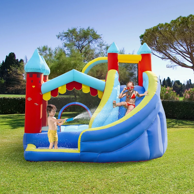 Outsunny Kids Bouncy Castle, with Slide, Pool, Trampoline, Climbing Wall, Blower