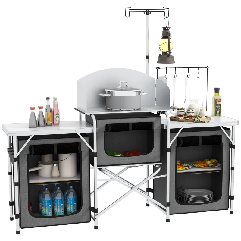 Outsunny Móvel de Cozinha para Campismo Armário Dobrável com 3 Tampos 3 Armários Suporte de Luz 4 Ganchos 172x48x119 cm Cinza