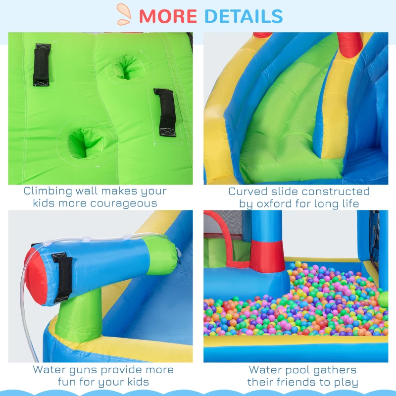 Outsunny Kids Inflatable Bouncy Castle Water Slide 6 in 1 Bounce House Jumping Castle Water Gun Climbing Wall with Air Blower for Age 3-8, 3.9 x 3 x 2m