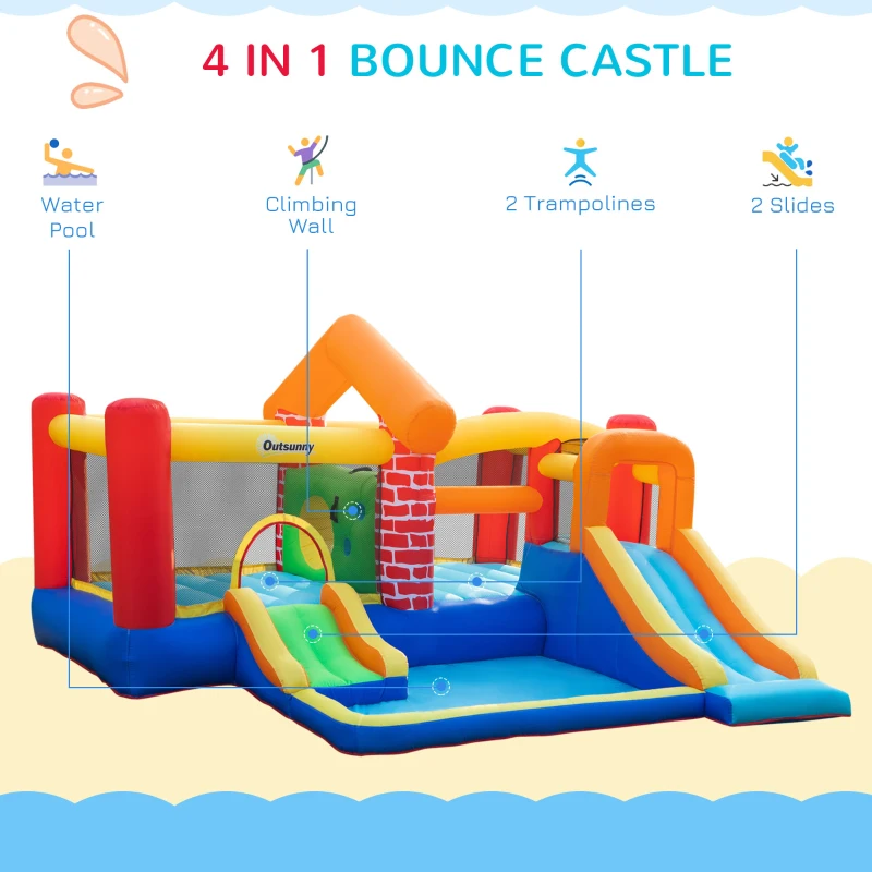 Outsunny 4 in 1 Kids Bouncy Castle Extra Large Double Slides & Trampoline Design Inflatable House Pool Climbing Wall with Blower Carrybag for Kids Age 3-8, 3.8 x 3.7 x 2.3m