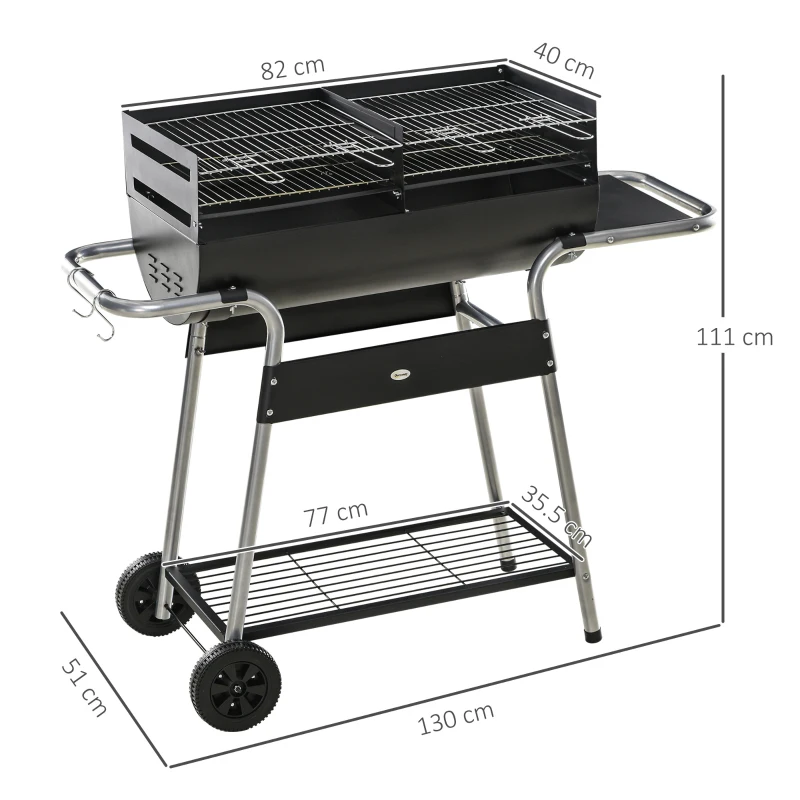 Outsunny Charcoal Barbecue Grill BBQ Trolley - with Double Grill, Side Table, Storage Shelf, and Wheels for Outdoor Cooking, 130 x 51 x 111cm, Black
