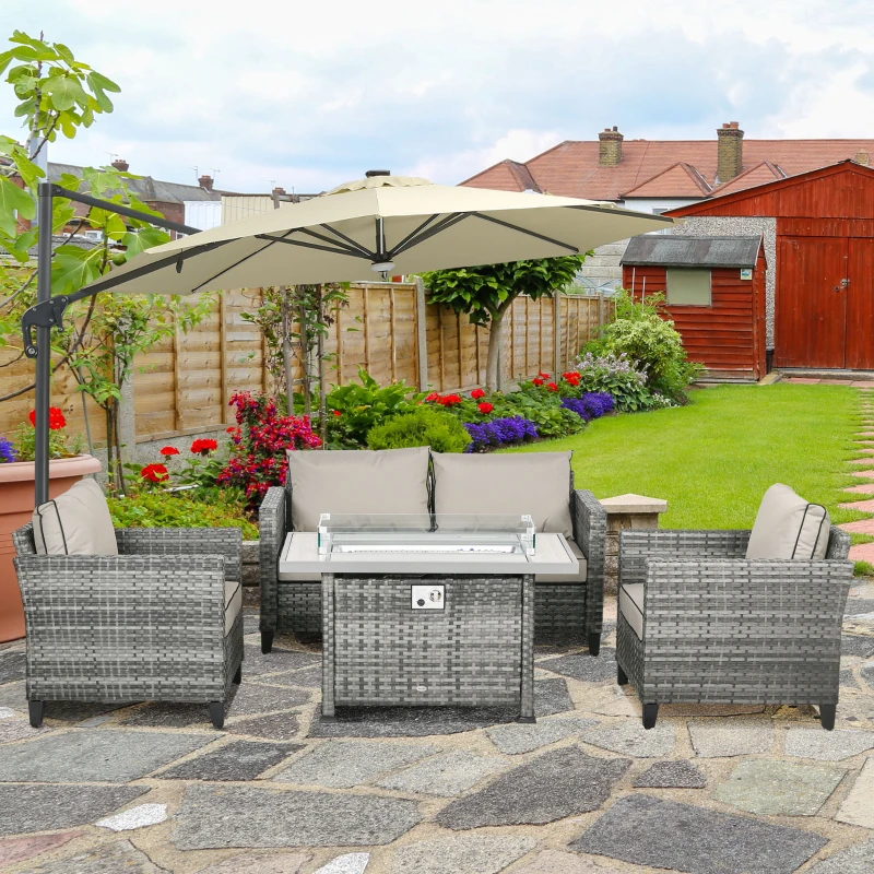 Outsunny 5-Piece Rattan Patio Furniture Set with Gas Fire Pit Table, Loveseat Sofa, Armchairs, Cushions, Pillows, Grey