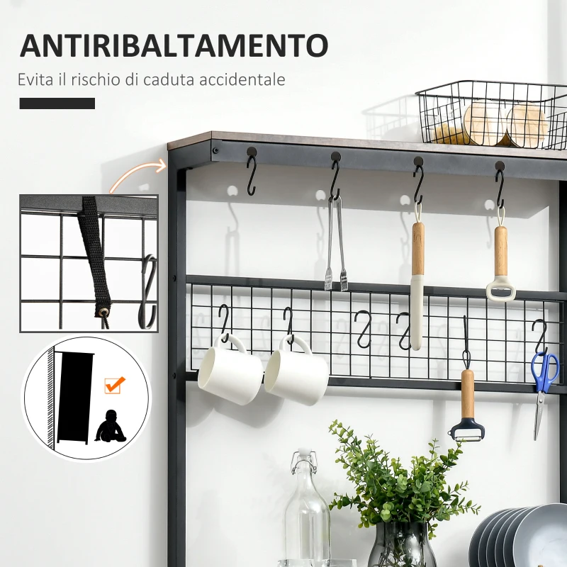 HOMCOM Mobile Cucina a 4 Livelli con Griglia e Ganci Portaoggetti, in Acciaio e Truciolato, 84.4x40x170 cm