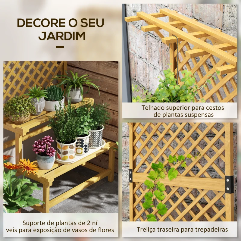Outsunny Suporte para Plantas de Madeira com Treliça Suporte para Vasos de 2 Níveis para Jardim Pátio Terraço 75x50x166 cm Natural