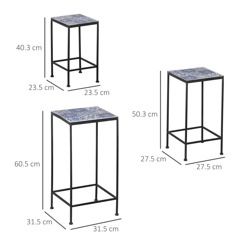 Outsunny Portapiante Floreale di Metallo con Superficie in Piastrelle di Ceramica 3 Unità per Giardino e Balcone Blu e Nero
