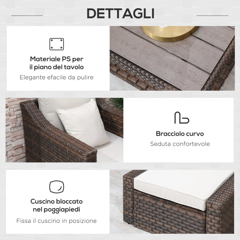 Outsunny Salotto da Esterni in Rattan, Set 6 Pz con Divanetto da Giardino, Poltrone e Tavolino, Marrone