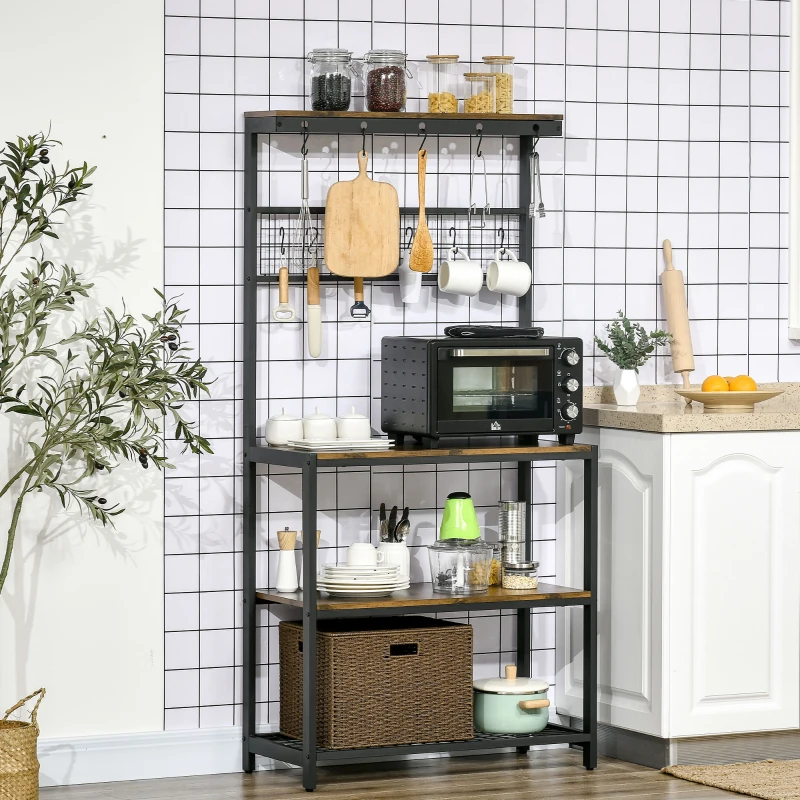 HOMCOM Mobile Cucina a 4 Livelli con Griglia e Ganci Portaoggetti, in Acciaio e Truciolato, 84.4x40x170 cm