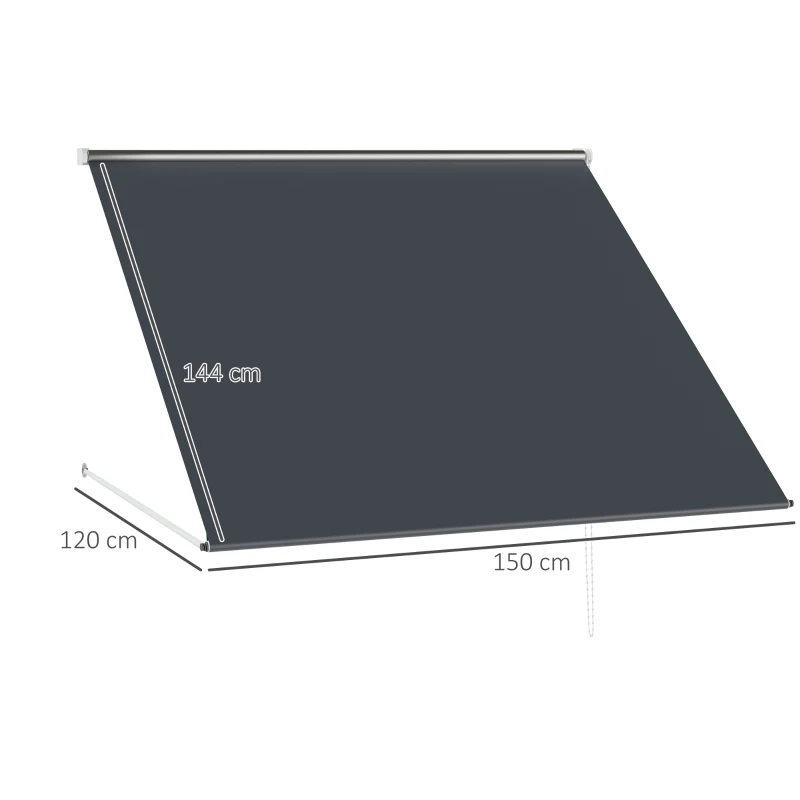 Outsunny Toldo Retrátil para Janela 150x120 cm com Estrutura de Alumínio Ângulo de Inclinação Ajustável Anti-UV e Impermeável Cinza Escuro