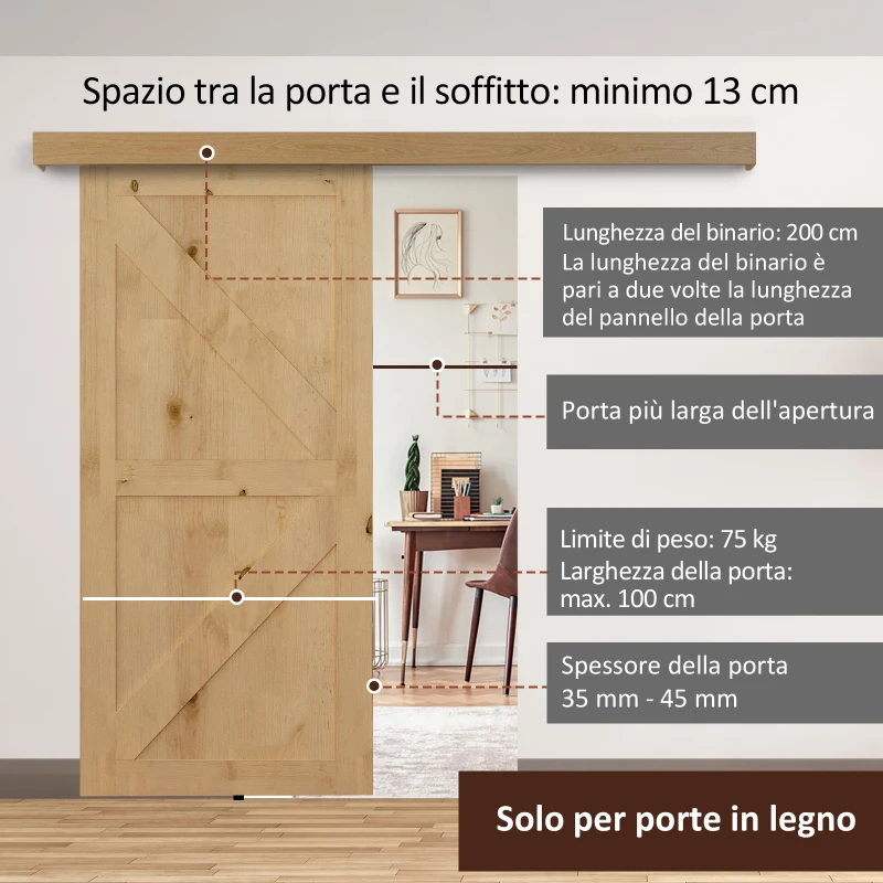 HOMCOM Binario con Kit di Accessori per Porte Scorrevoli in Stile Rustico in Legno