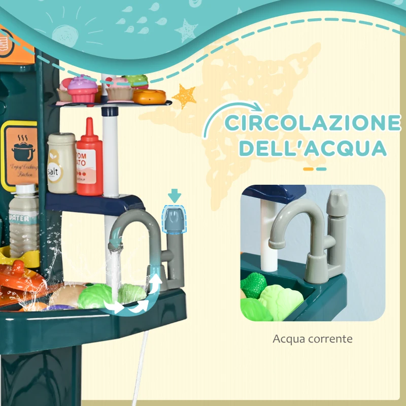 AIYAPLAY Cucina Giocattolo per Bambini 3-6 Anni da 77 Pezzi con Rubinetto, Suoni Realistici e Luci