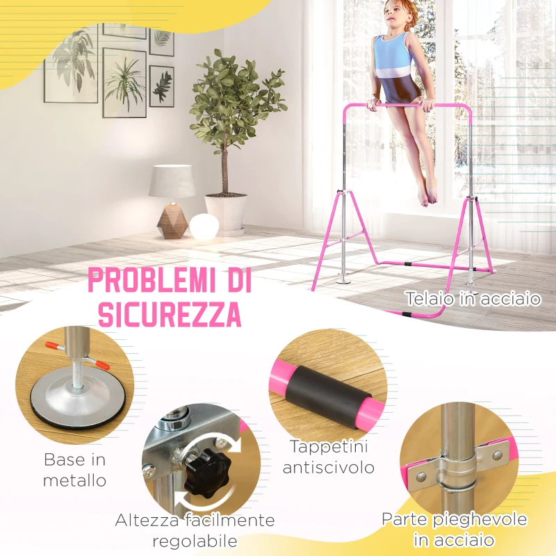 HOMCOM Sbarra per Trazioni per Bambini 3-8 Anni, 4 Altezze Regolabili e Struttura in Acciaio, 148x105x88-128 cm, Rosa