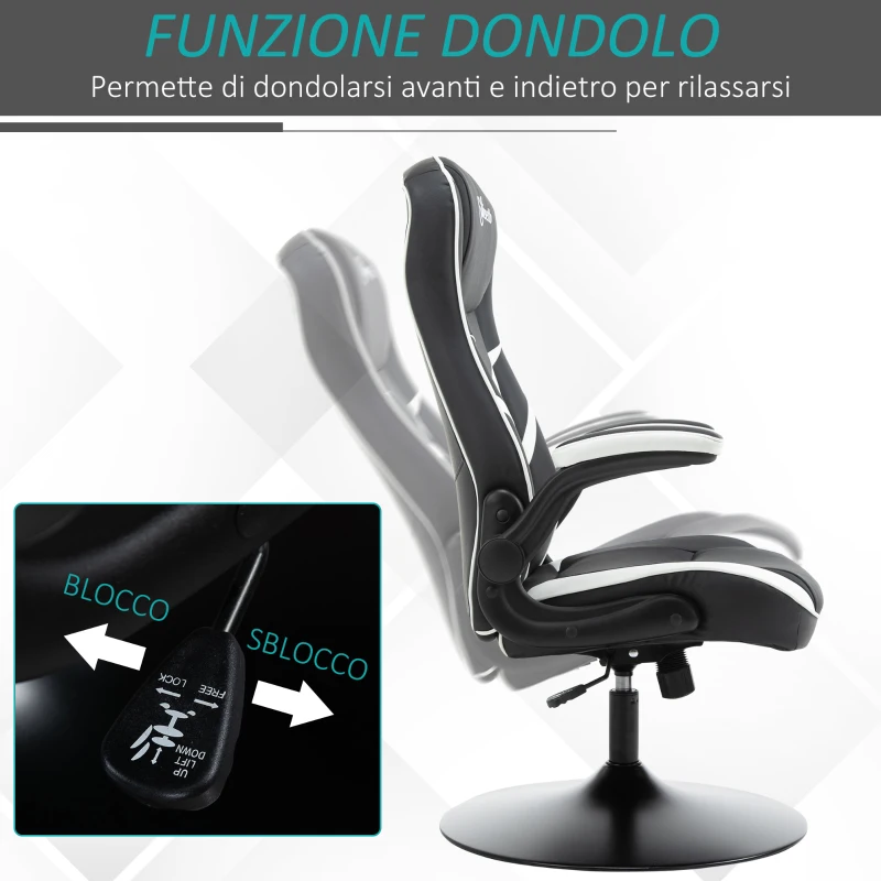 Vinsetto Poltrona da Gaming da Ufficio Ergonomica, Altezza Regolabile, Base Fissa, Braccioli Pieghevoli Nero e Bianco