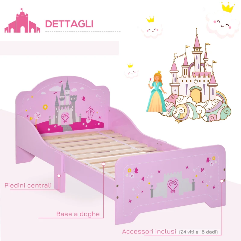 HOMCOM Letto per Bambini 3-6 Anni in Legno con Bordi Rialzati, 143x73x60 cm, Rosa