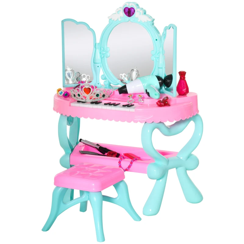 HOMCOM Set 2 in 1 da 32pz per Bambine 3-6 Anni, Tavolo per Trucco con Accessori e Pianoforte, 49.5x23x66 cm, Blu e Rosa