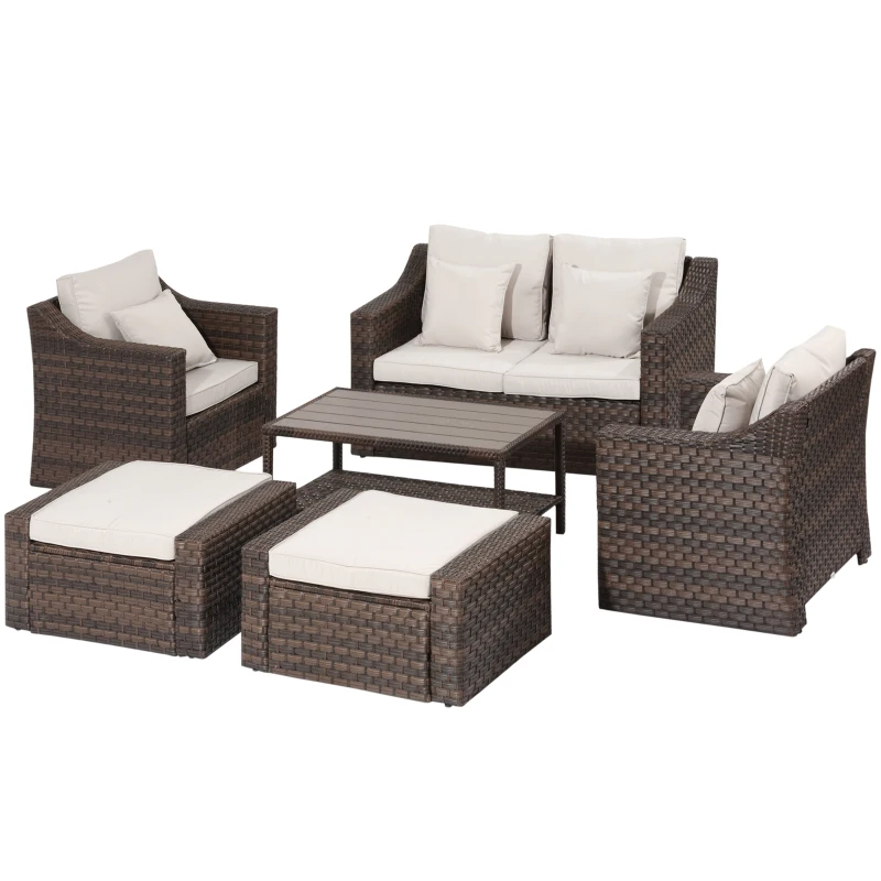 Outsunny Salotto da Esterni in Rattan, Set 6 Pz con Divanetto da Giardino, Poltrone e Tavolino, Marrone