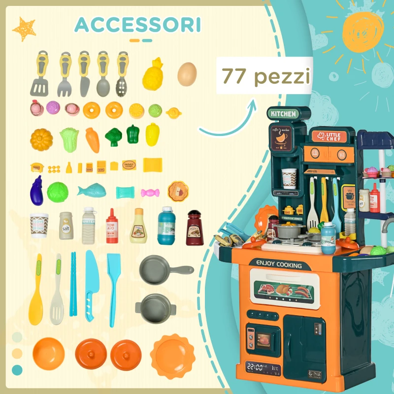 AIYAPLAY Cucina Giocattolo per Bambini 3-6 Anni da 77 Pezzi con Rubinetto, Suoni Realistici e Luci