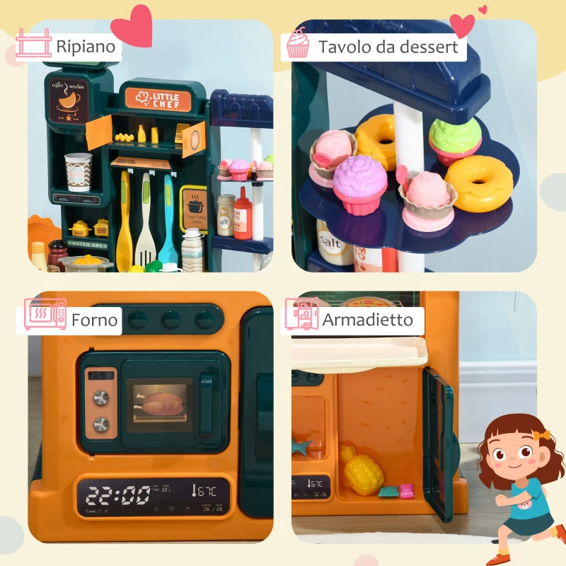 AIYAPLAY Cucina Giocattolo per Bambini 3-6 Anni da 77 Pezzi con Rubinetto, Suoni Realistici e Luci