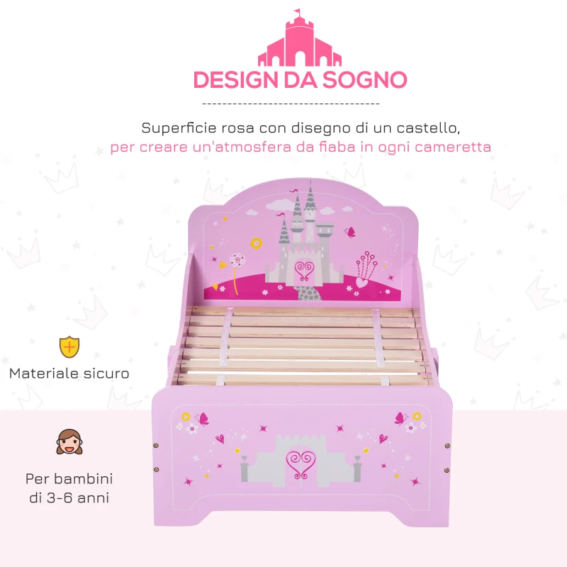HOMCOM Letto per Bambini 3-6 Anni in Legno con Bordi Rialzati, 143x73x60 cm, Rosa