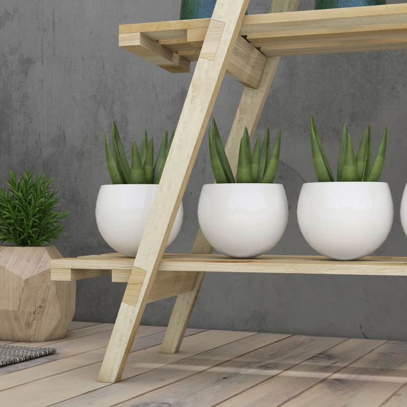 Outsunny Suporte de Madeira para Plantas Dobrável de 3 Níveis com Estrutura em Forma de A para Jardim Pátio 100x36x112 cm Natural