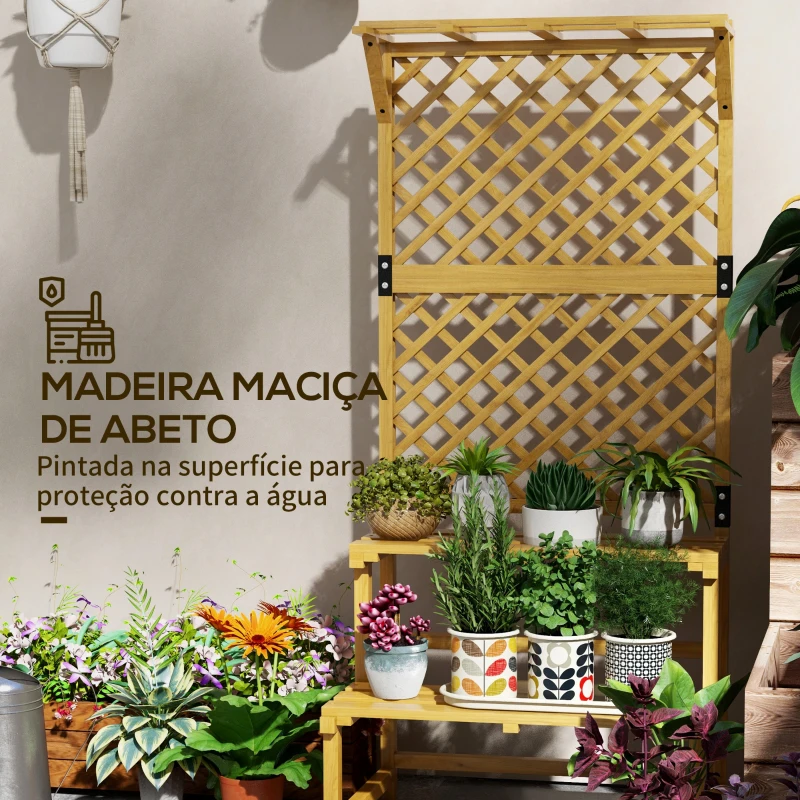 Outsunny Suporte para Plantas de Madeira com Treliça Suporte para Vasos de 2 Níveis para Jardim Pátio Terraço 75x50x166 cm Natural