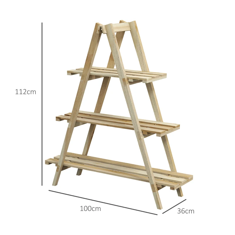 Outsunny Suporte de Madeira para Plantas Dobrável de 3 Níveis com Estrutura em Forma de A para Jardim Pátio 100x36x112 cm Natural