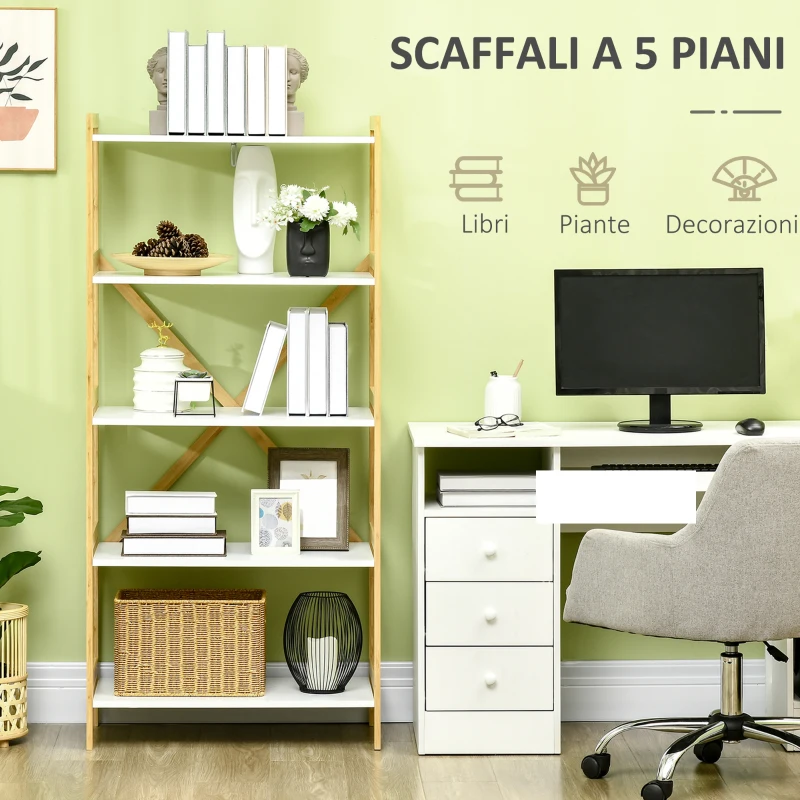 HOMCOM Scaffalatura a 5 Piani in Bamboo e MDF, Mobile Libreria per Soggiorno, Cucina e Camera da Letto, 70x37.5x150 cm