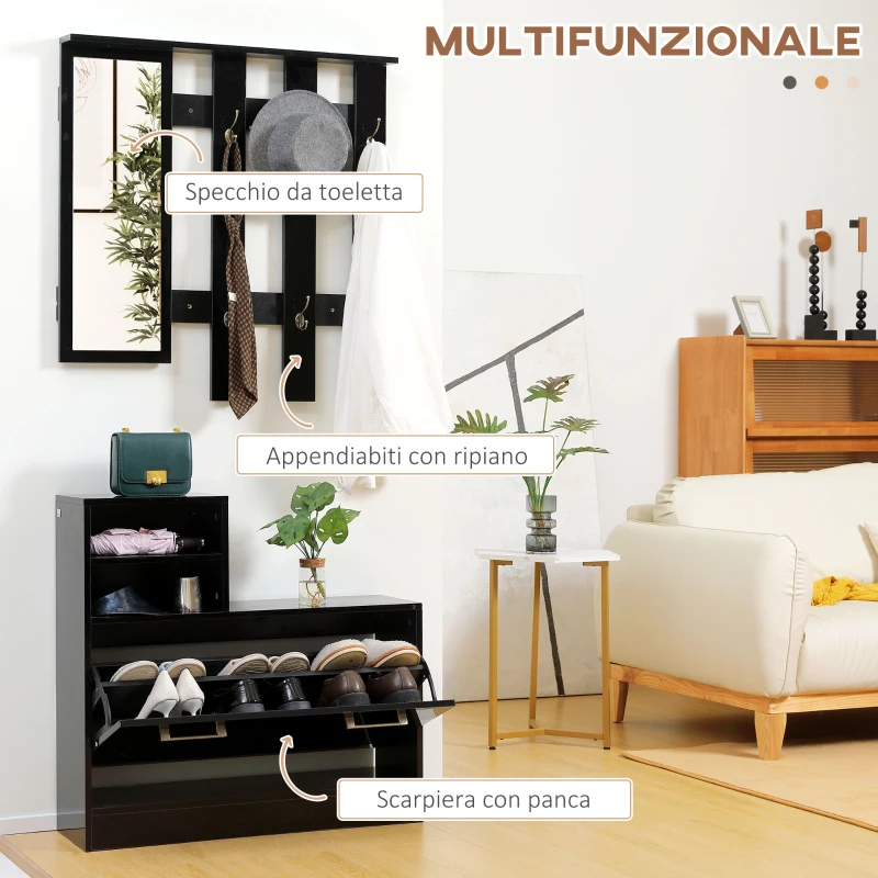 HOMCOM Set Appendi Abiti da Ingresso con Specchio e Scarpiera per 8 Paia di Scarpe, Nero Lucido