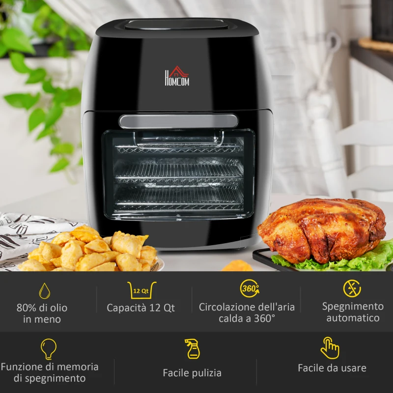 HOMCOM Friggitrice ad Aria 8 in 1 da 11 Litri 1800W, con Accessori e Schermo LED 32x35.6x37.9 cm Nera