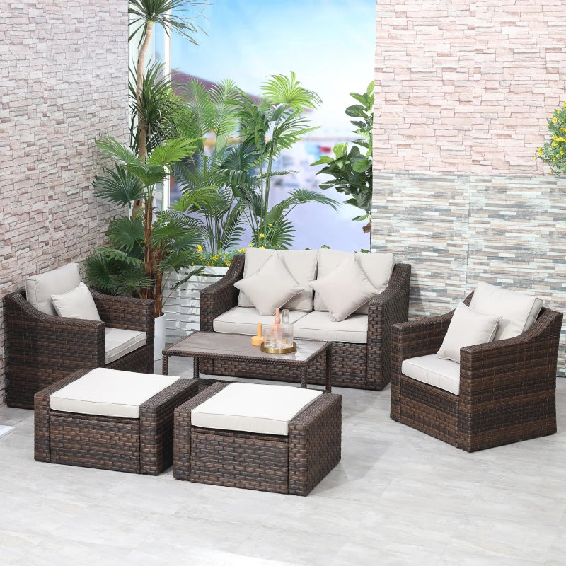 Outsunny Salotto da Esterni in Rattan, Set 6 Pz con Divanetto da Giardino, Poltrone e Tavolino, Marrone