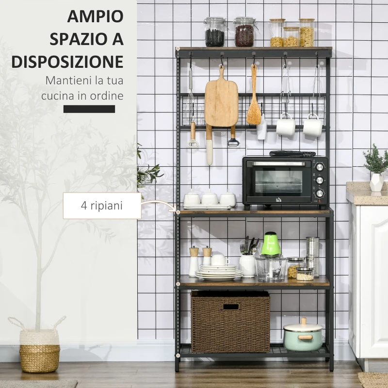 HOMCOM Mobile Cucina a 4 Livelli con Griglia e Ganci Portaoggetti, in Acciaio e Truciolato, 84.4x40x170 cm