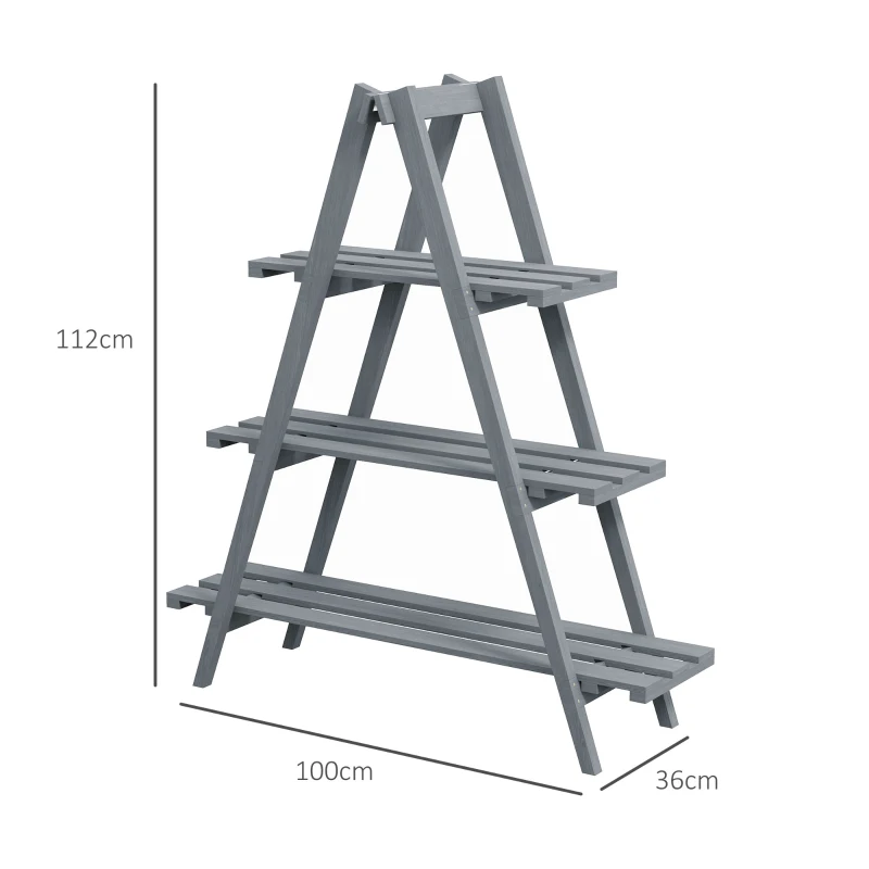 Outsunny Suporte de Madeira para Plantas Dobrável de 3 Níveis com Estrutura em Forma de A para Jardim Pátio 100x36x112 cm Cinza