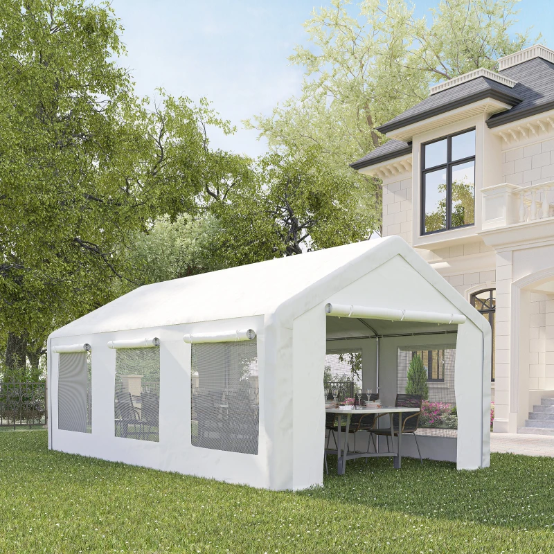 Outsunny Carpa para Fiestas 6x3 m Pabellón de Jardín con 2 Paredes Laterales Extraíbles 2 Puertas y 6 Ventanas con Cremalleras Protección UV Cenador para Eventos Celebraciones Blanco