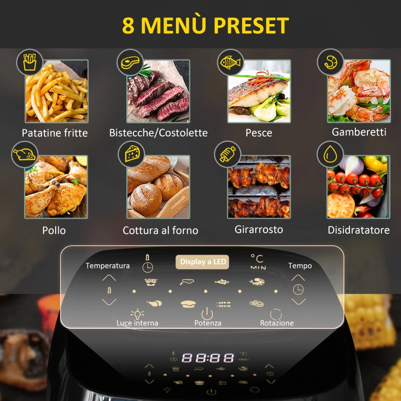HOMCOM Friggitrice ad Aria 8 in 1 da 11 Litri 1800W, con Accessori e Schermo LED 32x35.6x37.9 cm Nera