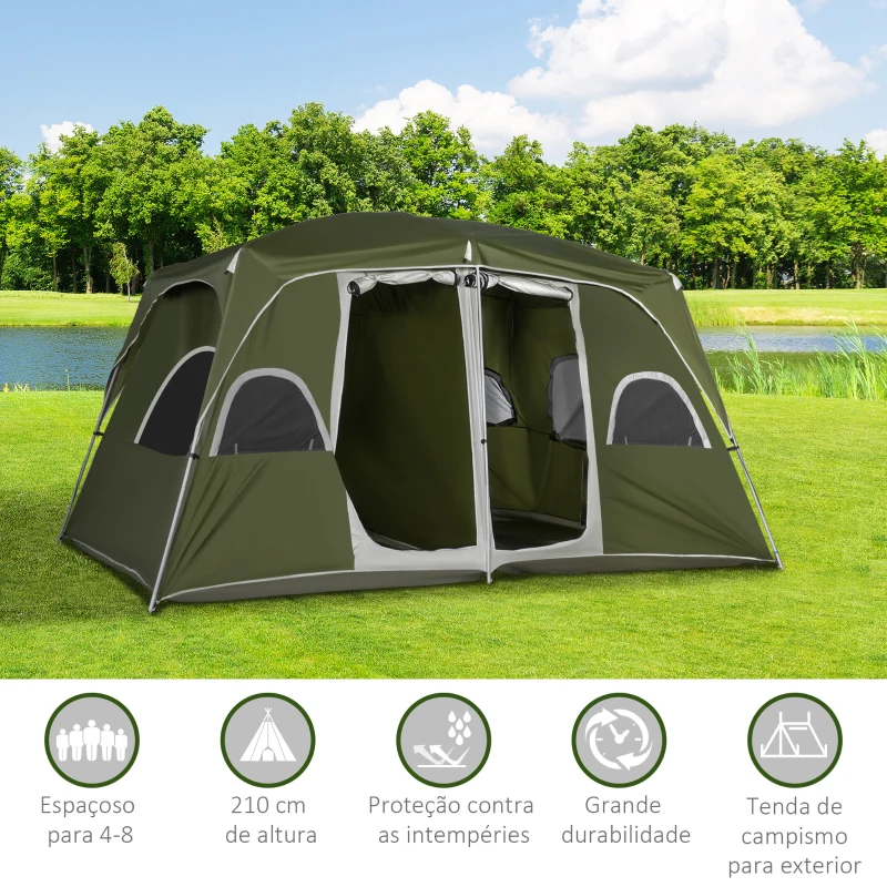 Outsunny Tenda de Campismo Familiar para 4-5 Pessoas com 2 Quartos 2 Bolsos e Janelas com Malha Impermeável 400x275x210 cm Verde