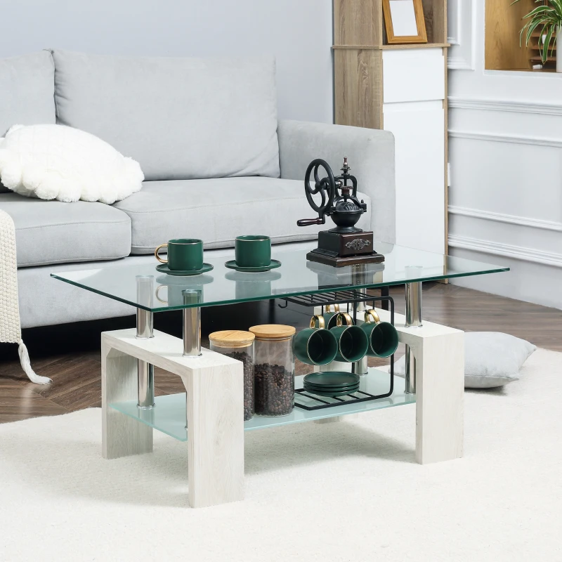 HOMCOM Tavolino da Caffè Moderno a 2 Livelli in Vetro e Legno, 90x50x42cm, Bianco