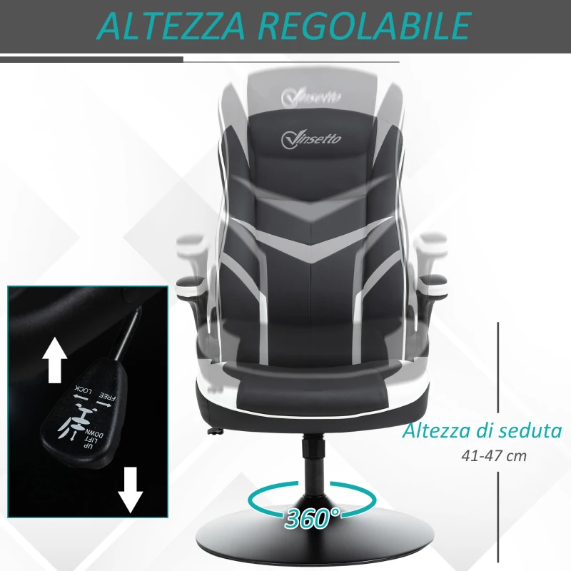 Vinsetto Poltrona da Gaming da Ufficio Ergonomica, Altezza Regolabile, Base Fissa, Braccioli Pieghevoli Nero e Bianco