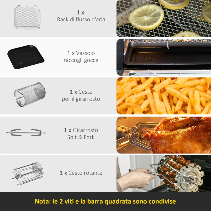 HOMCOM Friggitrice ad Aria 8 in 1 da 11 Litri 1800W, con Accessori e Schermo LED 32x35.6x37.9 cm Nera