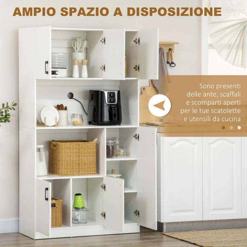 HOMCOM Mobile Dispensa Alto in Truciolato con 6 Armadietti e 2 Ripiani Aperti, 100x40x180 cm, Bianco