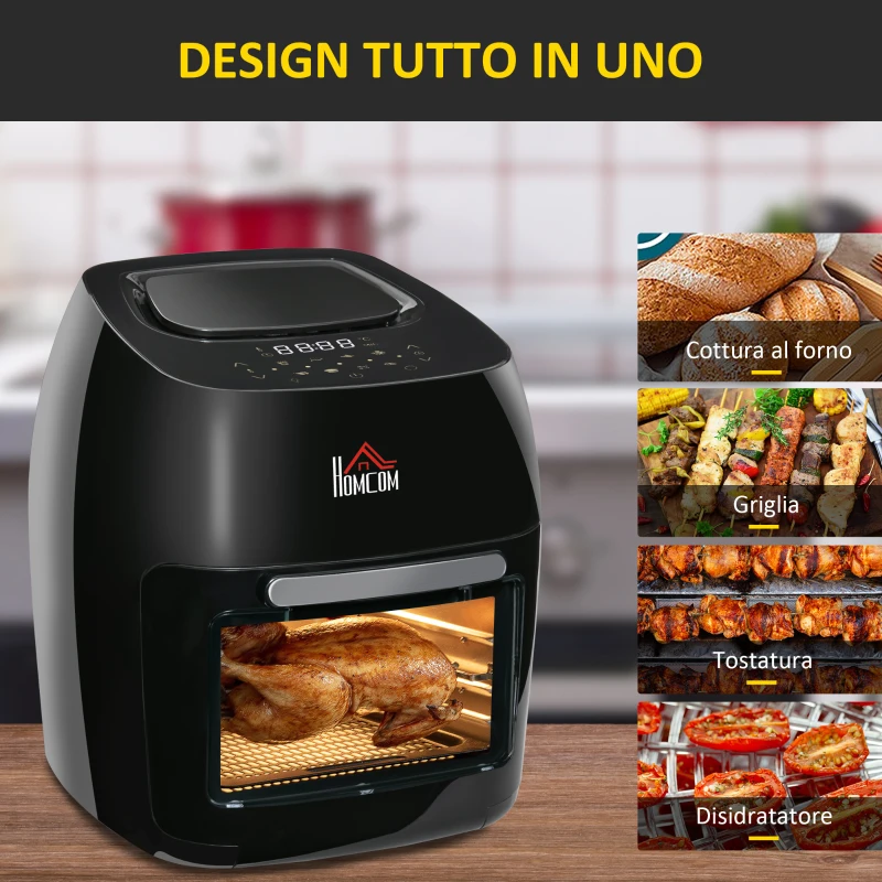 HOMCOM Friggitrice ad Aria 8 in 1 da 11 Litri 1800W, con Accessori e Schermo LED 32x35.6x37.9 cm Nera